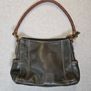 VTG. Fossil 1954 Purse w/key Black pebbled Leather, brown Braided Handle 75082